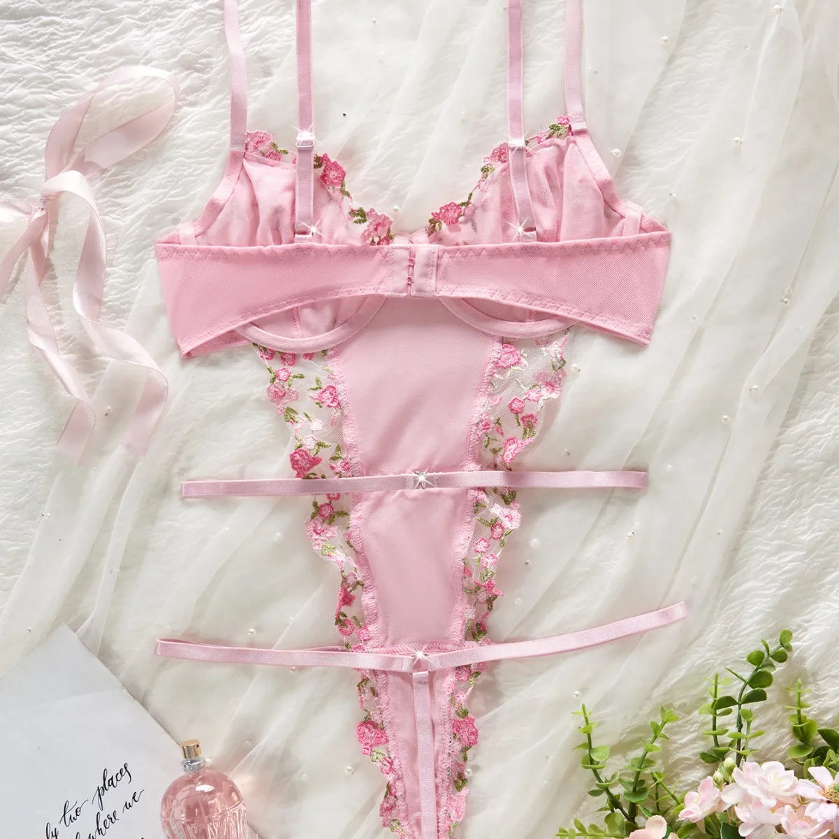 Erotics Western Style Pink Floral Embroidery Sensual Mesh Backless Alluring Attractive Breathable Premium Erotic
