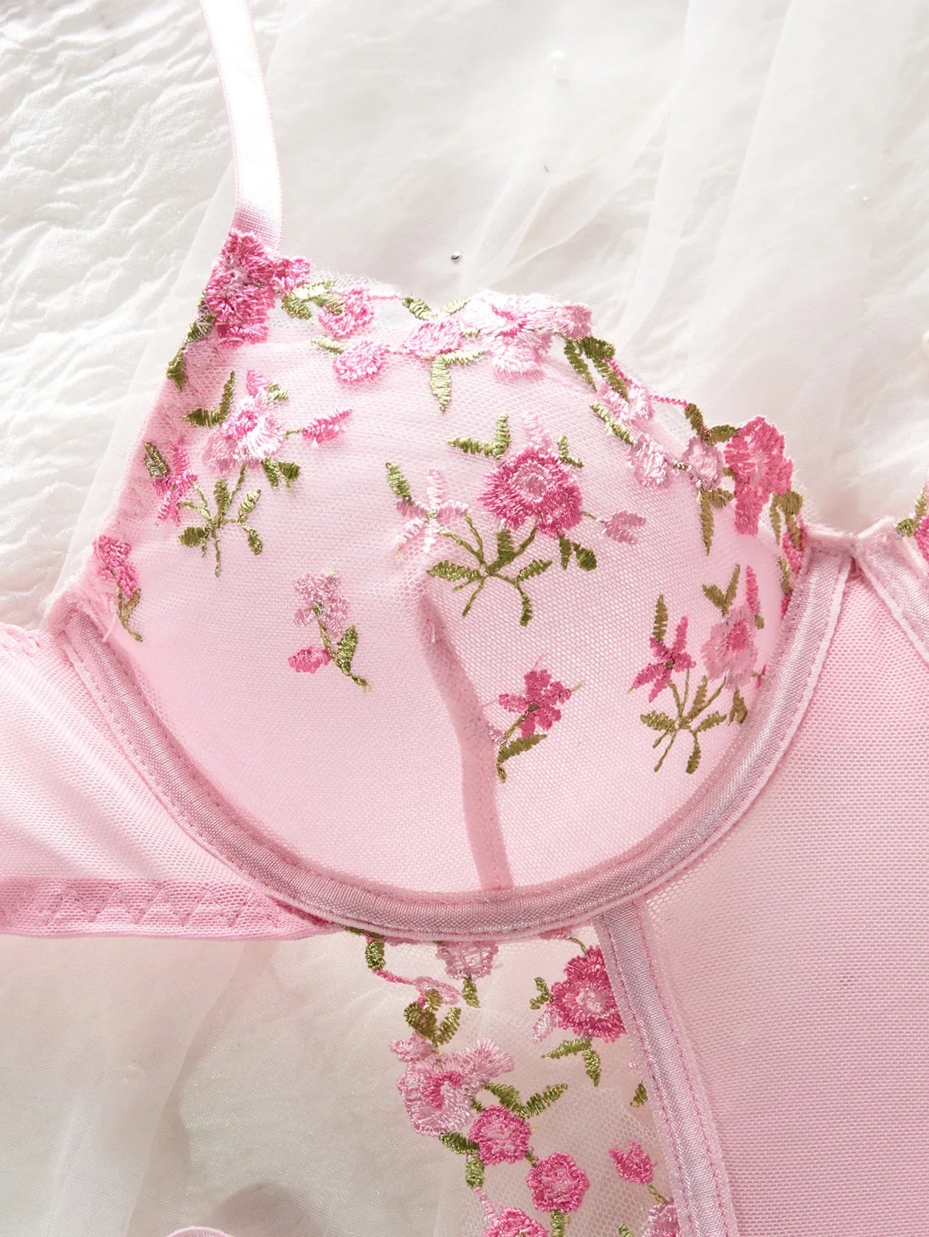 Erotics Western Style Pink Floral Embroidery Sensual Mesh Backless Alluring Attractive Breathable Premium Erotic