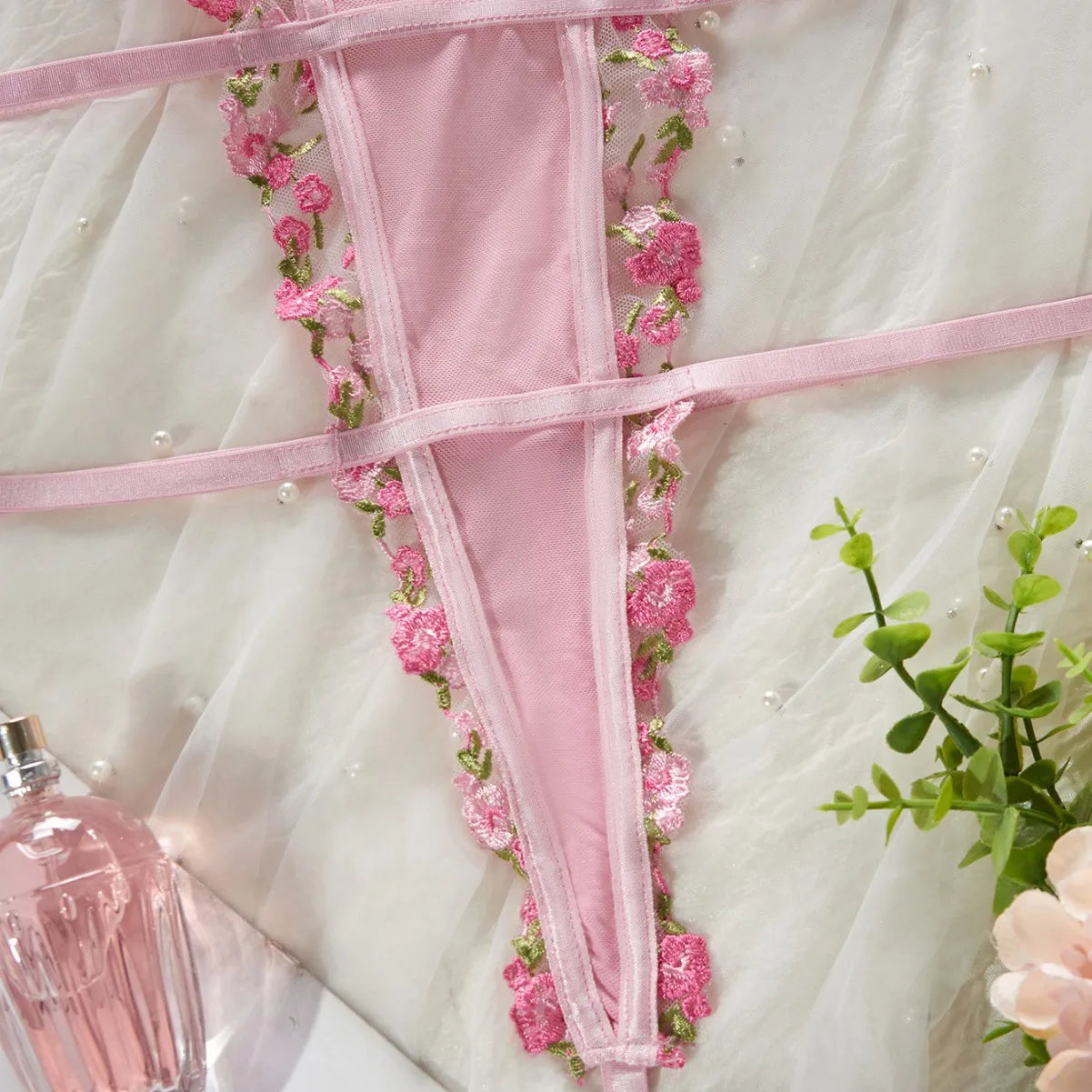 Erotics Western Style Pink Floral Embroidery Sensual Mesh Backless Alluring Attractive Breathable Premium Erotic