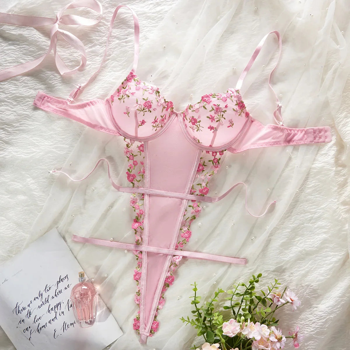 Erotics Western Style Pink Floral Embroidery Sensual Mesh Backless Alluring Attractive Breathable Premium Erotic
