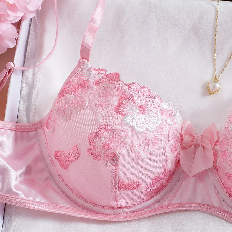 European American Suit Fresh Style Floral Embroidery Bra Lingerie Set Attractive Erotic
