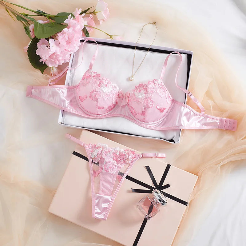 European American Suit Fresh Style Floral Embroidery Bra Lingerie Set Attractive Erotic