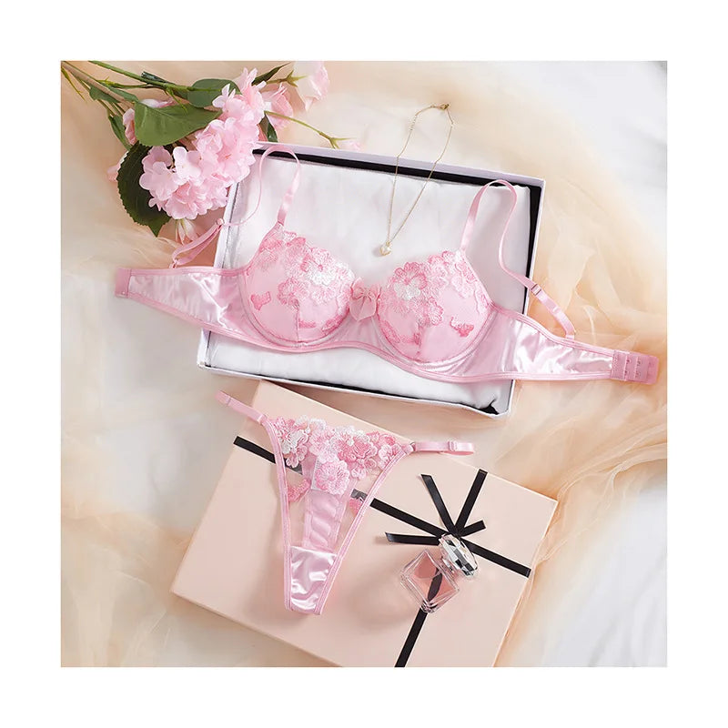 European American Suit Fresh Style Floral Embroidery Bra Lingerie Set Attractive Erotic