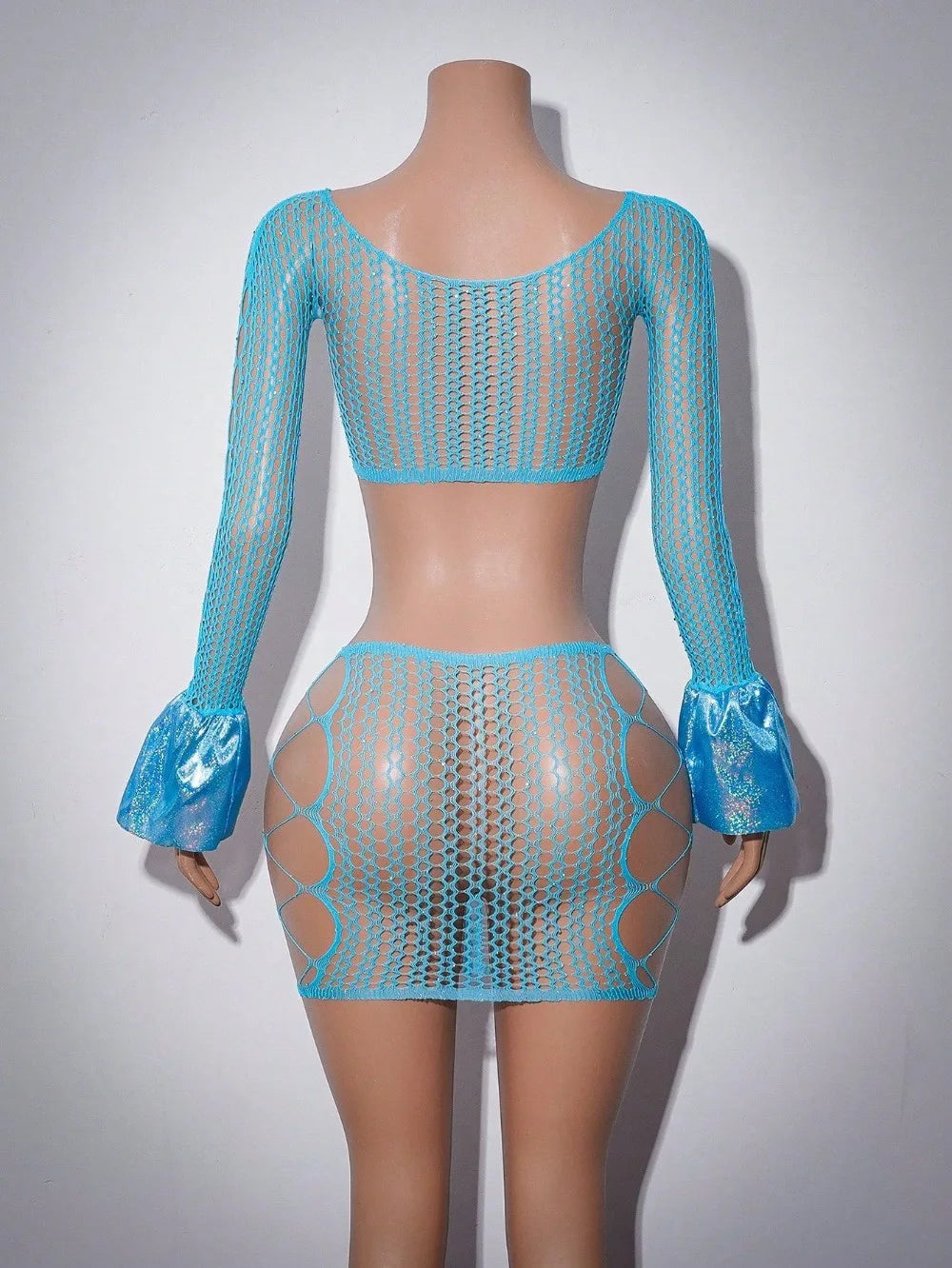 European American Style Long Sleeve Mesh Lingerie Hollow Fishnet Slim Fit Erotic Set Night Club Party Casual Wear