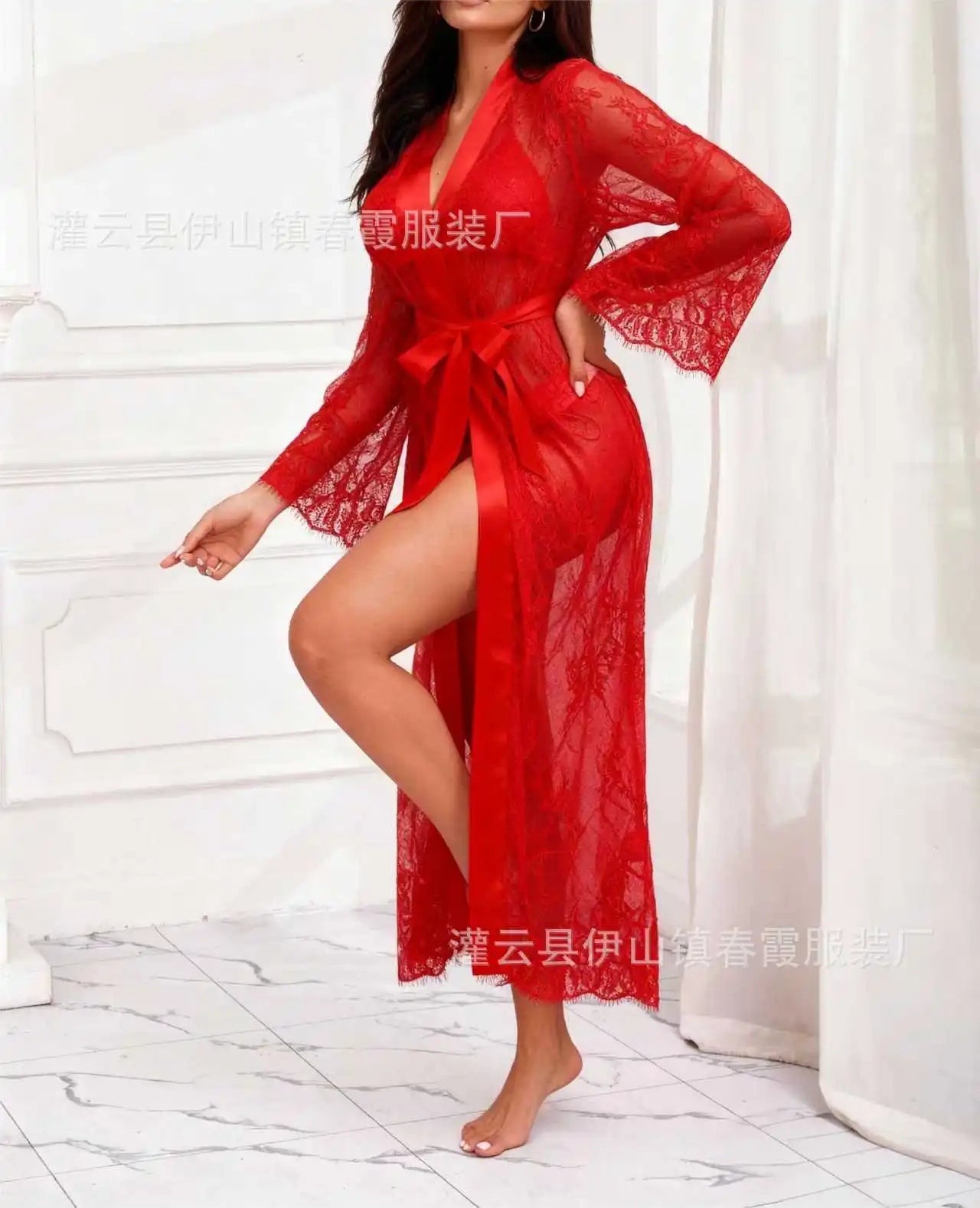 European & American Style Lingerie, Seductive Hollow Lace Night Robe Set, Comfortable Sleepwear