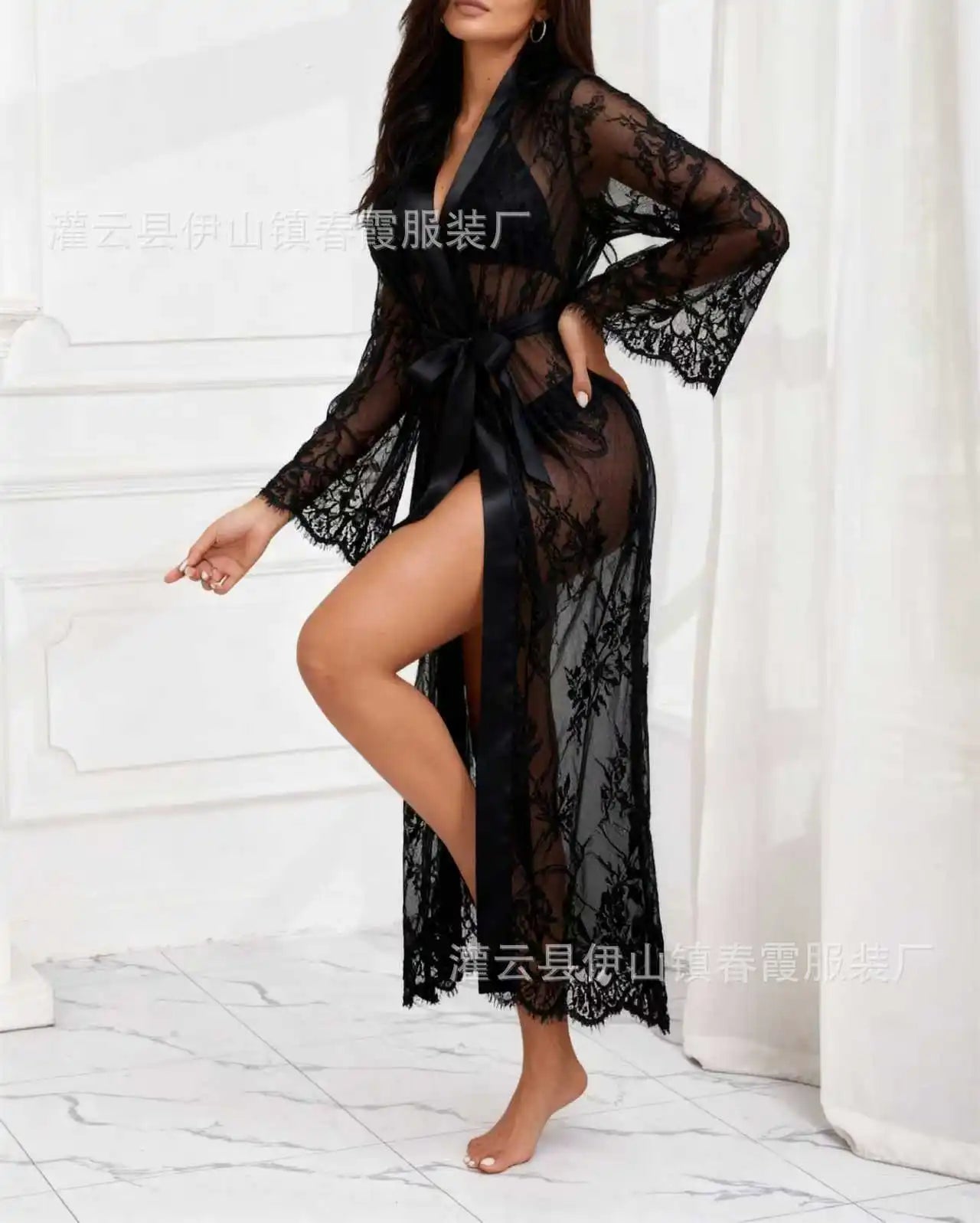 European & American Style Lingerie, Seductive Hollow Lace Night Robe Set, Comfortable Sleepwear