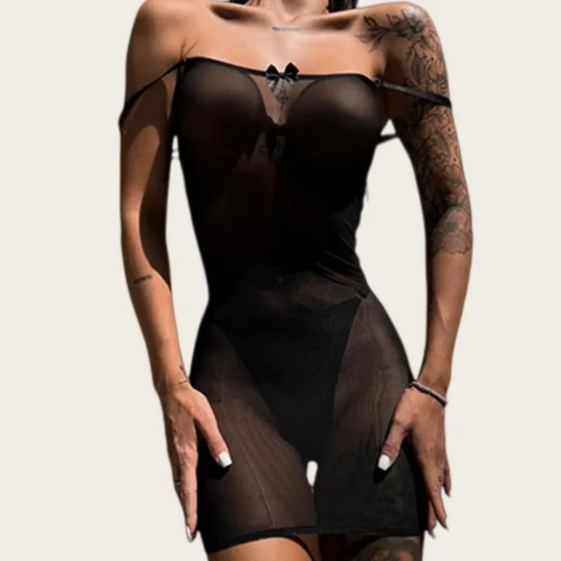 Exotic Babydolls Casual Dresses Transparent Dress Thong 2PC Tempted Back Tie-up Erotic Underwear Girls' Kit