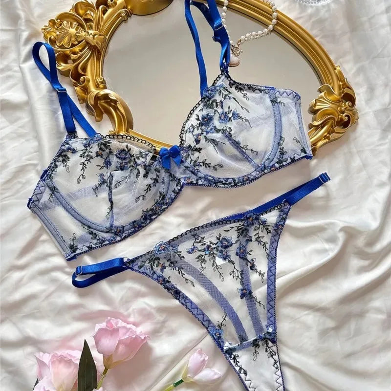 Exotic Fairy Lingerie PushUp Bra Embroidered Tulle Sheer Mesh 3Piece Transparent Wear