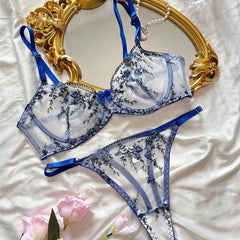 Exotic Fairy Lingerie PushUp Bra Embroidered Tulle Sheer Mesh 3Piece Transparent Wear