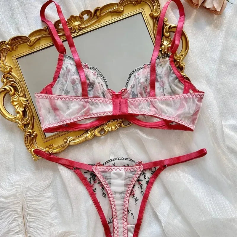 Exotic Fairy Lingerie PushUp Bra Embroidered Tulle Sheer Mesh 3Piece Transparent Wear