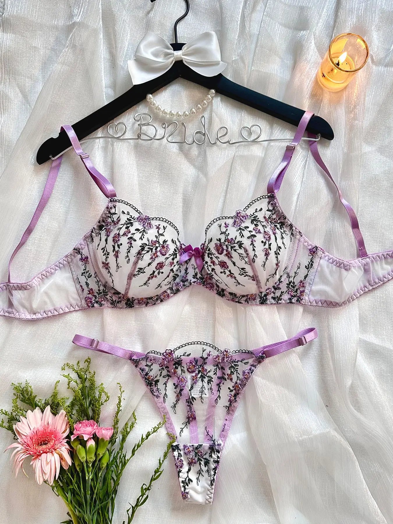 Exotic Fairy Lingerie PushUp Bra Embroidered Tulle Sheer Mesh 3Piece Transparent Wear