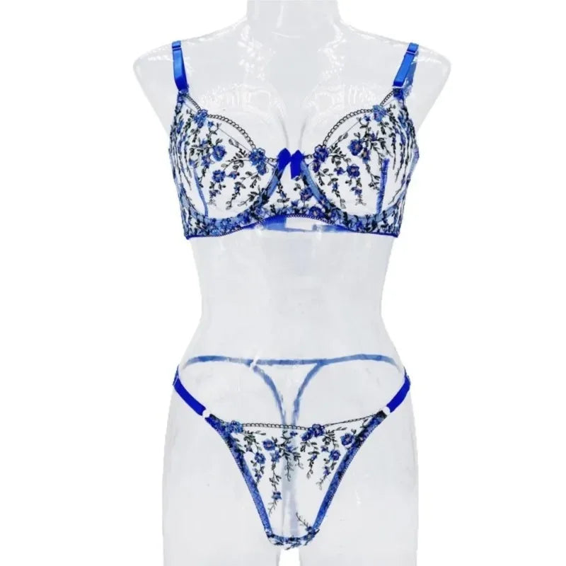 Exotic Fairy Lingerie PushUp Bra Embroidered Tulle Sheer Mesh 3Piece Transparent Wear