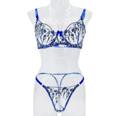 Exotic Fairy Lingerie PushUp Bra Embroidered Tulle Sheer Mesh 3Piece Transparent Wear