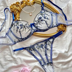 Exotic Fairy Lingerie PushUp Bra Embroidered Tulle Sheer Mesh 3Piece Transparent Wear