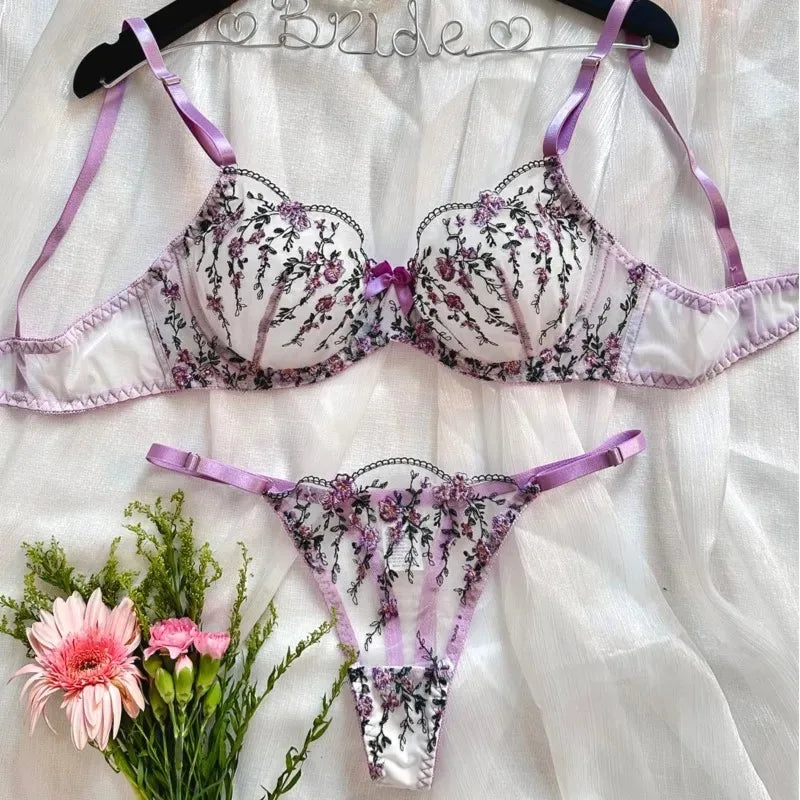 Exotic Fairy Lingerie PushUp Bra Embroidered Tulle Sheer Mesh 3Piece Transparent Wear