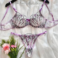 Exotic Fairy Lingerie PushUp Bra Embroidered Tulle Sheer Mesh 3Piece Transparent Wear