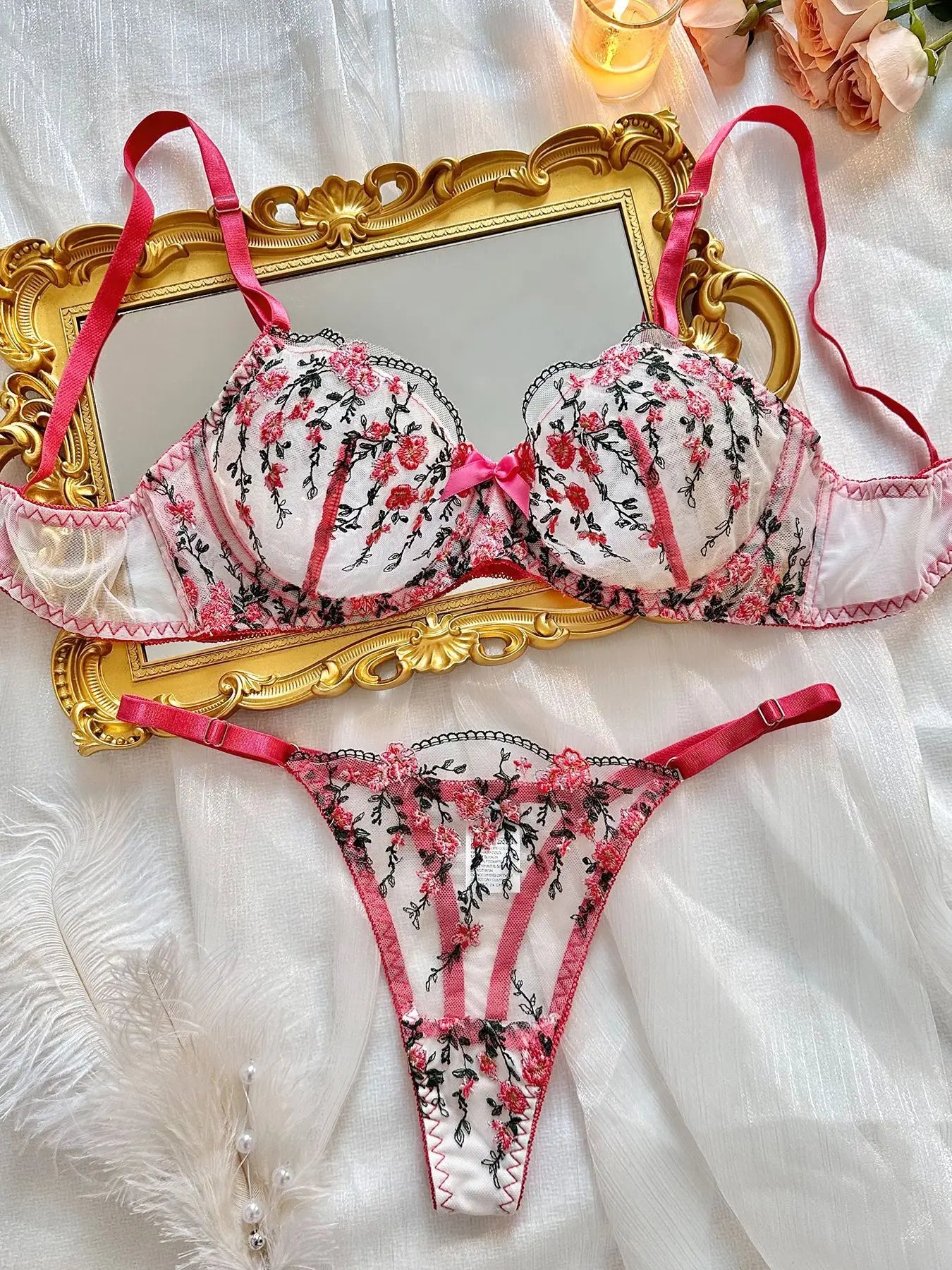 Exotic Fairy Lingerie PushUp Bra Embroidered Tulle Sheer Mesh 3Piece Transparent Wear