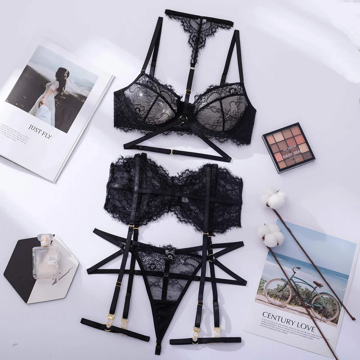 Eyelash Underwear Bras Brassiere Lingeries Lingerie Sets Lace Embroidery Push Up Bra Panties Sets Deep V Gather