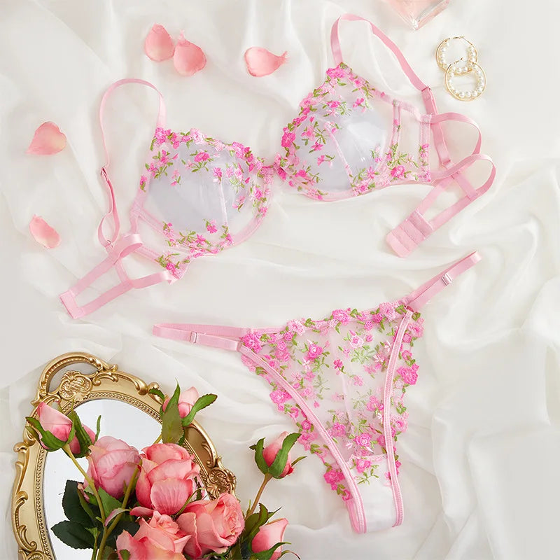 Fairy Lingerie Set Underwire Transparent Lace Bra Panty Floral Underwear