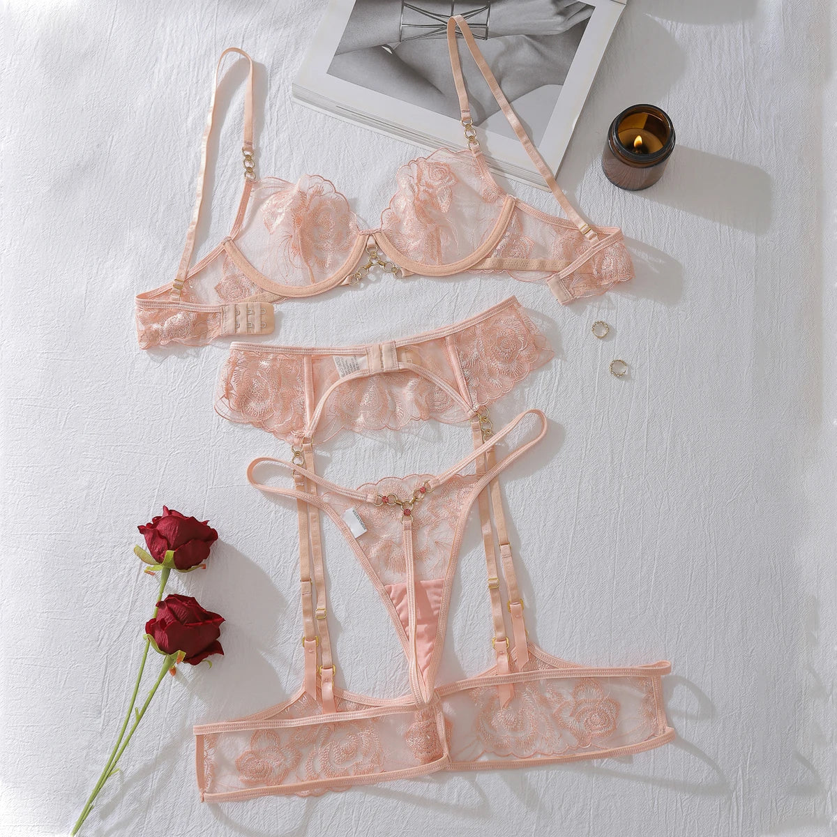 Lingerie Floral Lace Ensemble Underwear Attractive Chest Suspenders Sissy Outfit See Through Bra Sets