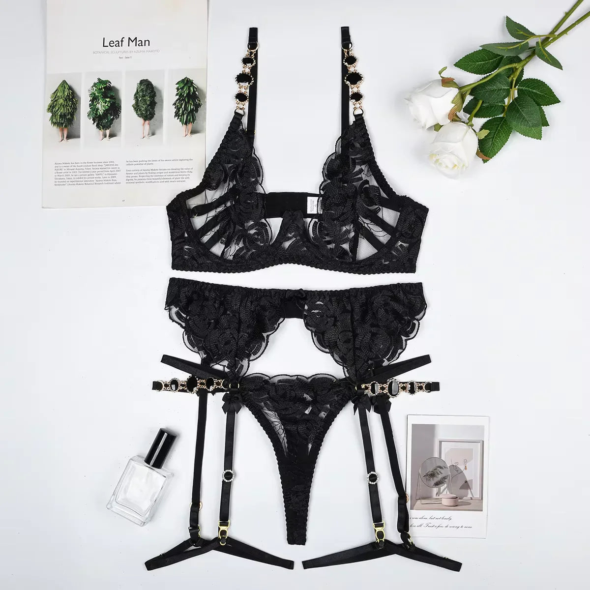 Lingerie Jewel Shoulder Strap Underwear 3-Piece Set Erotic Transparent Floral Lace Hot
