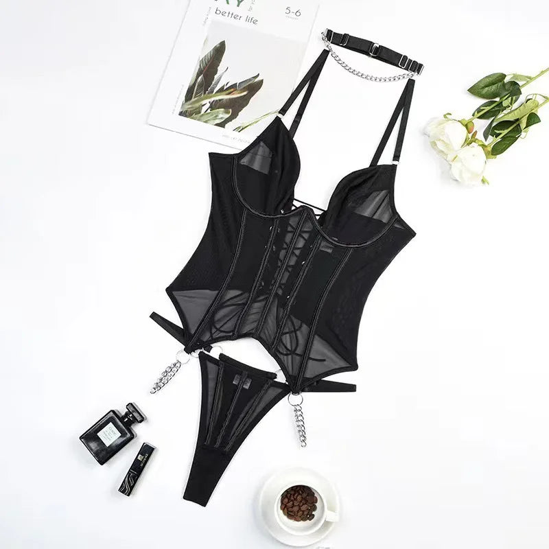 Lingerie Backless Lace Up Corset Set Seamless Underwear 3-Piece Bra Kit Push Up Exotic Sets Black Fine Intimates