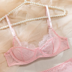 Lingeries Elegant Bra 3PC Set with Leg Circles Sissy Solid Color Eyelash Lace Patchwork Bra Sets