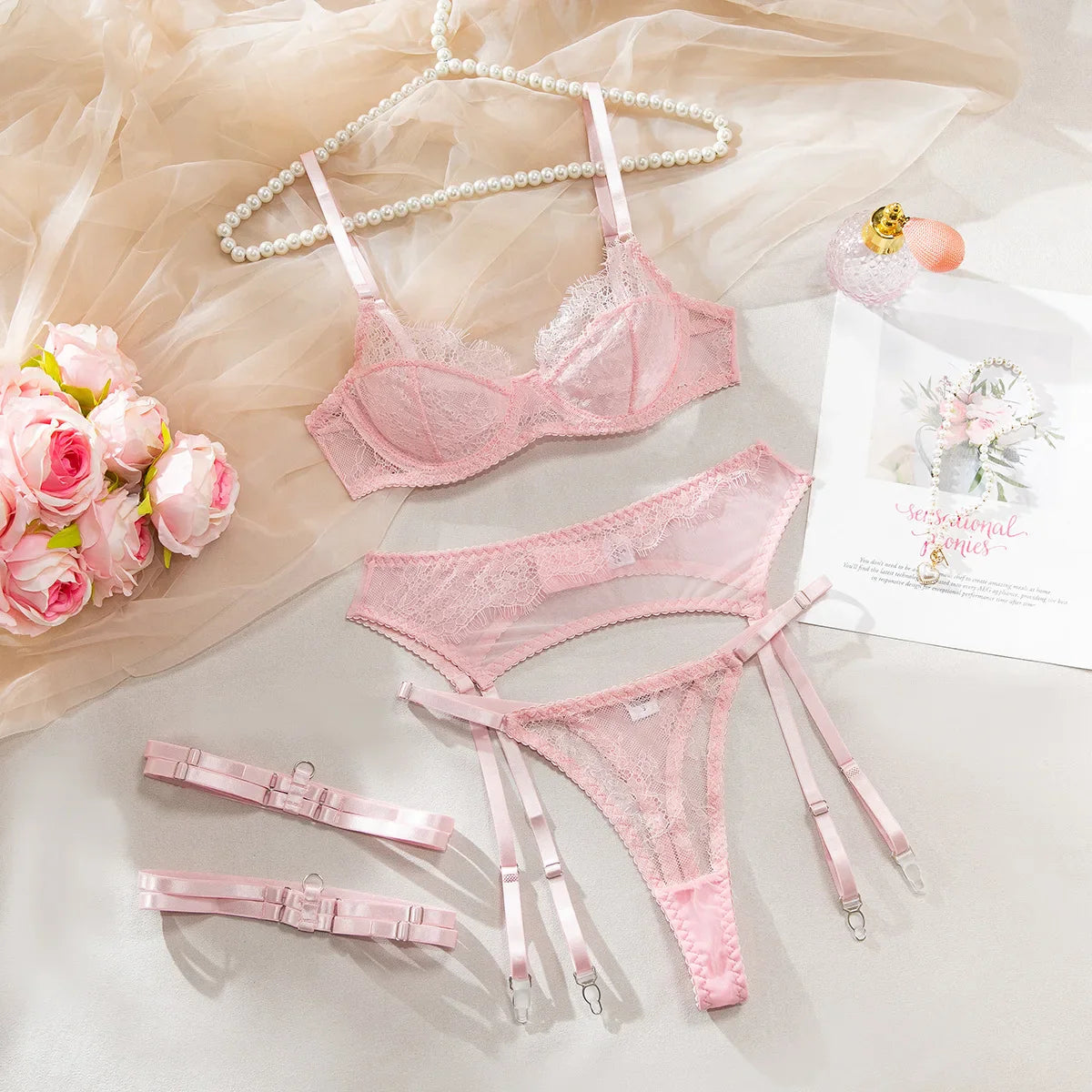 Lingeries Elegant Bra 3PC Set with Leg Circles Sissy Solid Color Eyelash Lace Patchwork Bra Sets