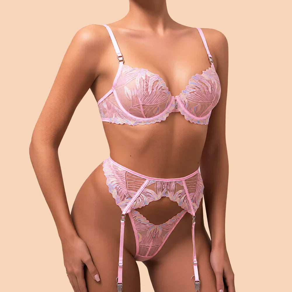 Lingeries Elegant Bra Lingerie Bra Belt Thong 3PC Embroidered Underwear Transparent Bralette