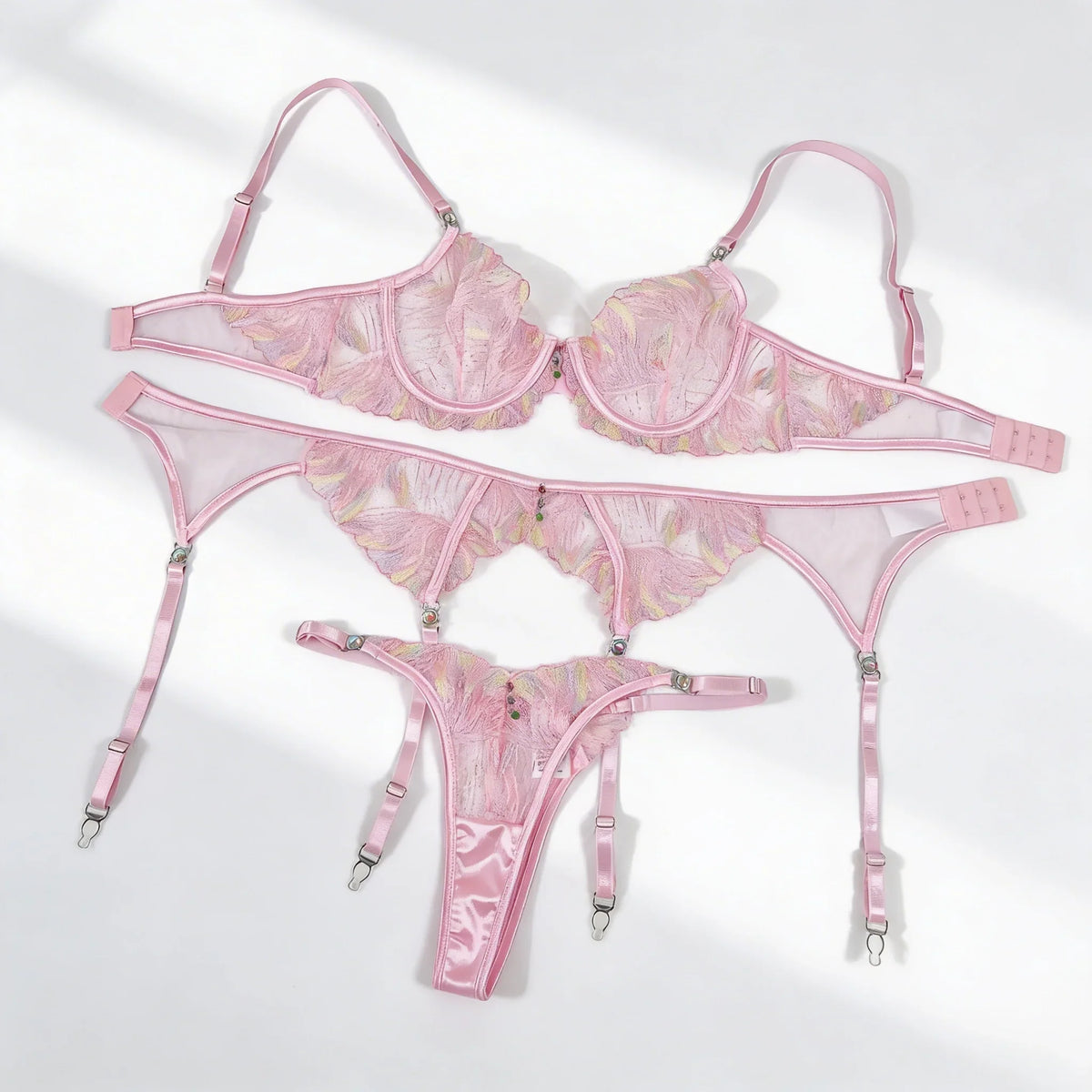 Lingeries Elegant Bra Lingerie Bra Belt Thong 3PC Embroidered Underwear Transparent Bralette