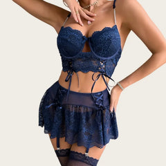 Lingerie Ultra Ethical Underwear French Lace Lingerie Set G-String Skirt Stockings Brazilian