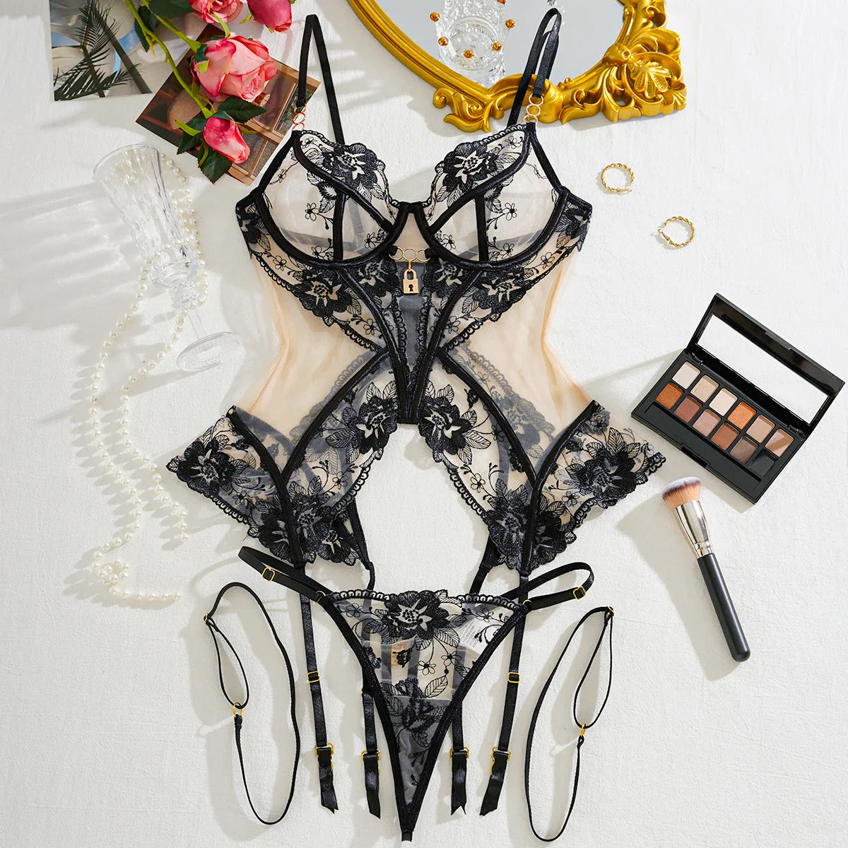 Lingerie Ultra Lace Kit Transparent Ensemble Lingeries G-String Tulle Underwear Erotic Set