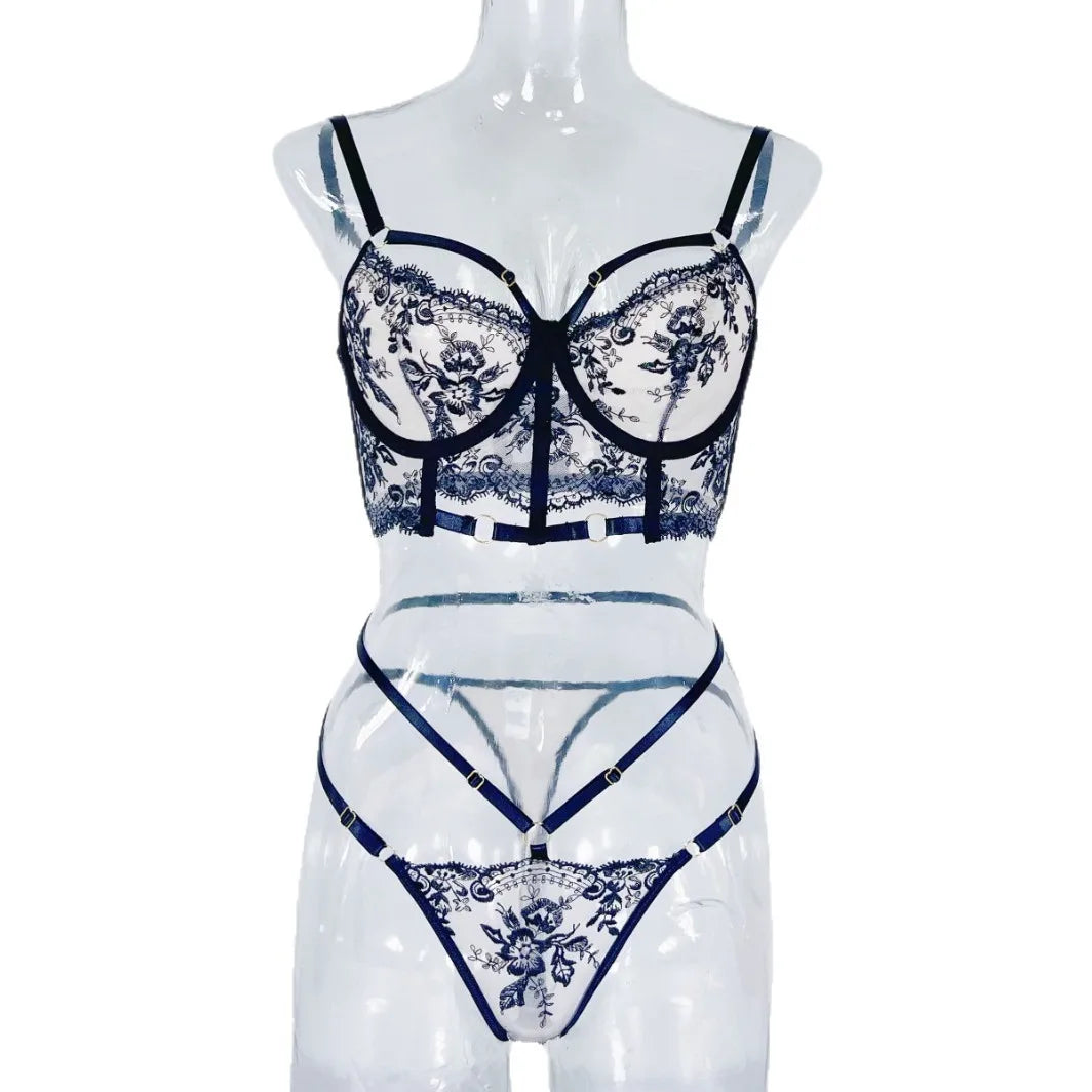 French See Through Embroidery Bra Panty Floral Flowers Pattern Gorgeous Charming Stunning Lingerie Set