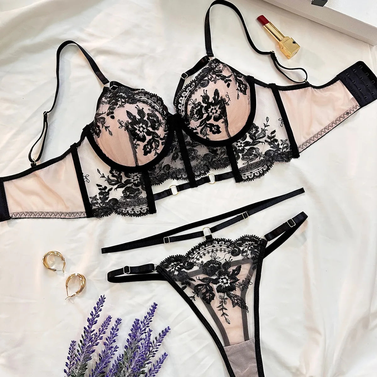 French See Through Embroidery Bra Panty Floral Flowers Pattern Gorgeous Charming Stunning Lingerie Set