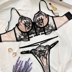 French See Through Embroidery Bra Panty Floral Flowers Pattern Gorgeous Charming Stunning Lingerie Set