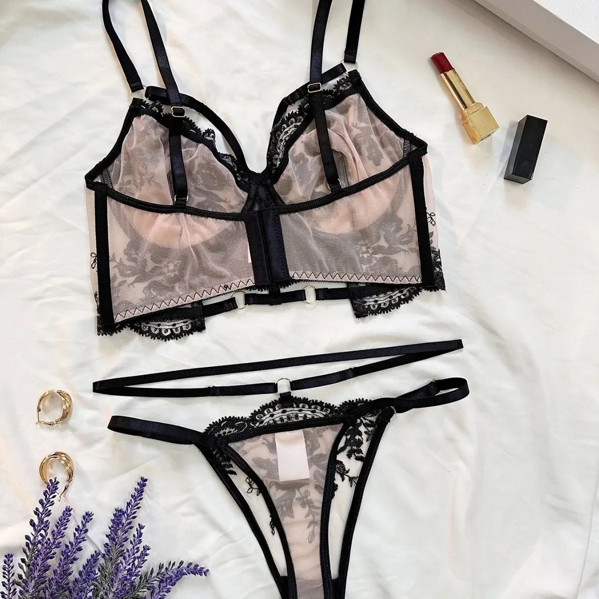 French See Through Embroidery Bra Panty Floral Flowers Pattern Gorgeous Charming Stunning Lingerie Set