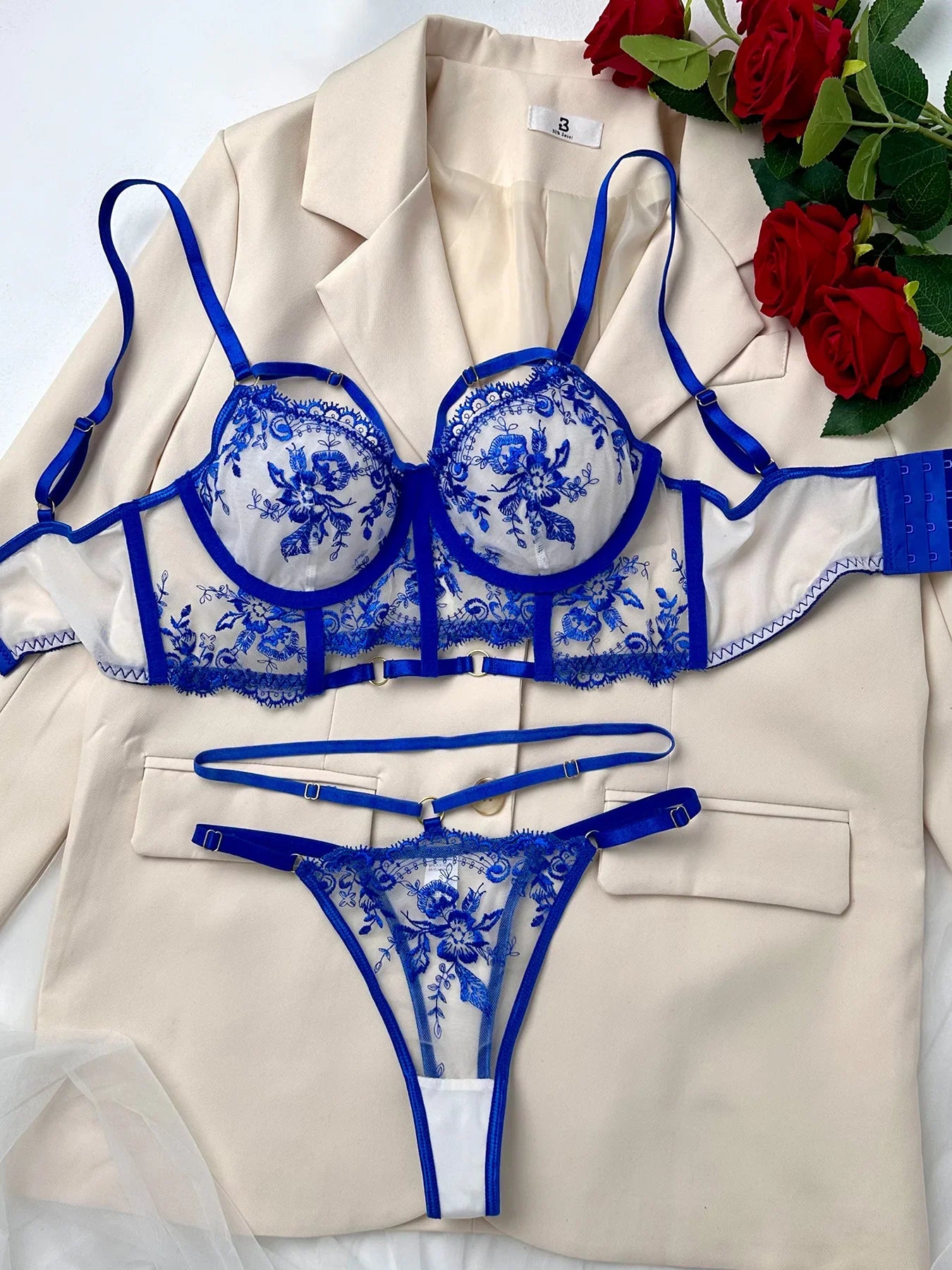 French See Through Embroidery Bra Panty Floral Flowers Pattern Gorgeous Charming Stunning Lingerie Set