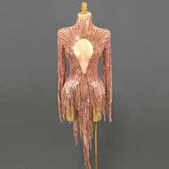 Line Design Rhinestone Tassel Cutout Long Sleeve Gold Latin Dance Dress