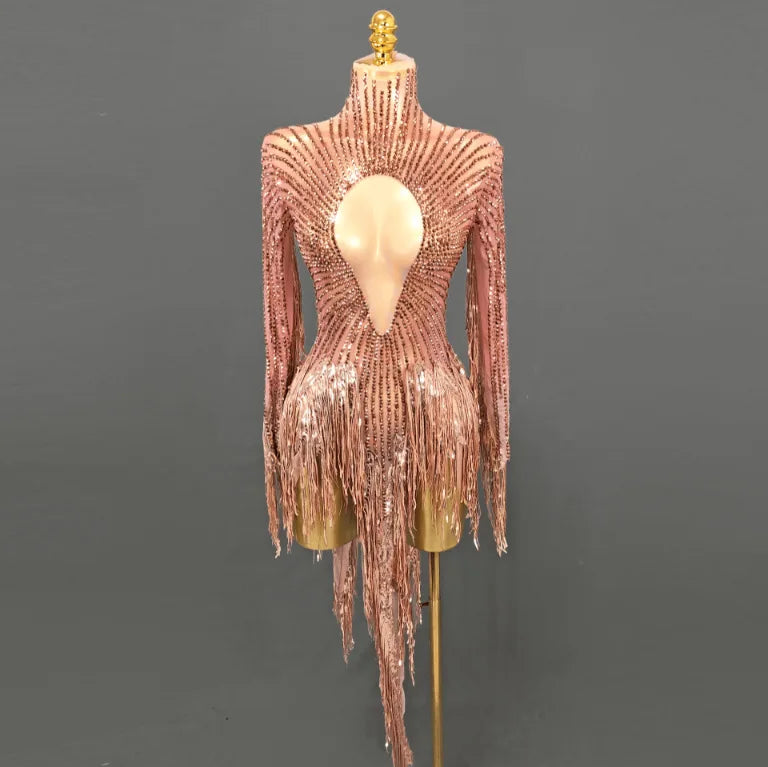 Line Design Rhinestone Tassel Cutout Long Sleeve Gold Latin Dance Dress