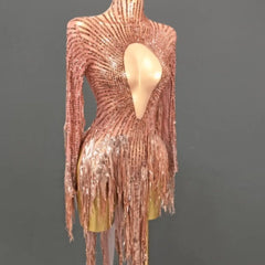 Line Design Rhinestone Tassel Cutout Long Sleeve Gold Latin Dance Dress