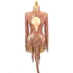 Line Design Rhinestone Tassel Cutout Long Sleeve Gold Latin Dance Dress