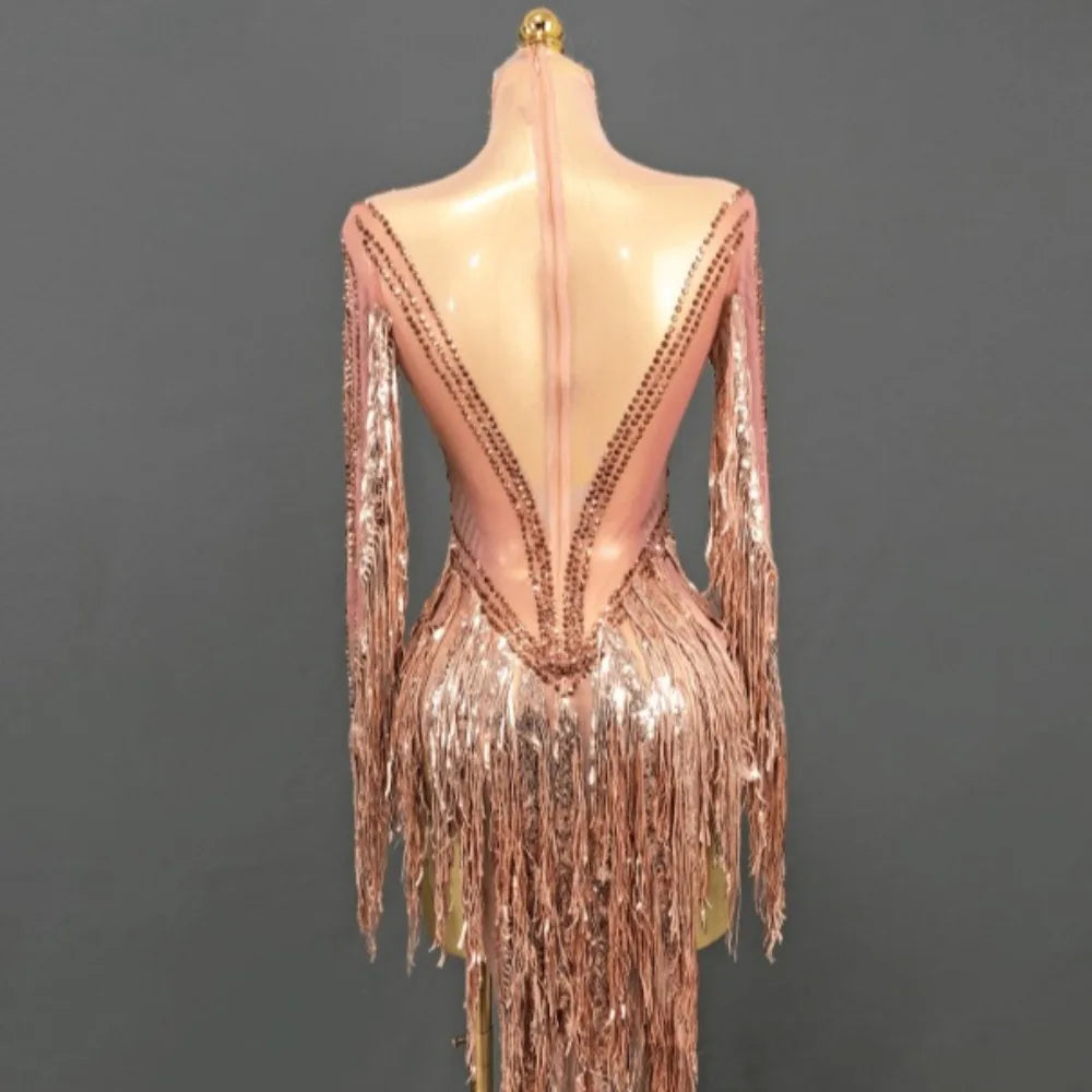 Line Design Rhinestone Tassel Cutout Long Sleeve Gold Latin Dance Dress