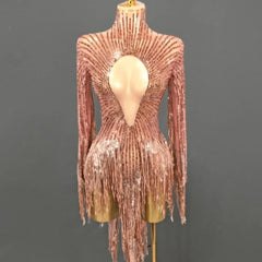 Line Design Rhinestone Tassel Cutout Long Sleeve Gold Latin Dance Dress