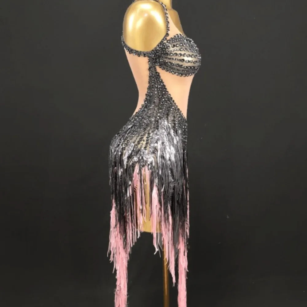 Black Tassel Rhinestone Dance Latin Dance Wear