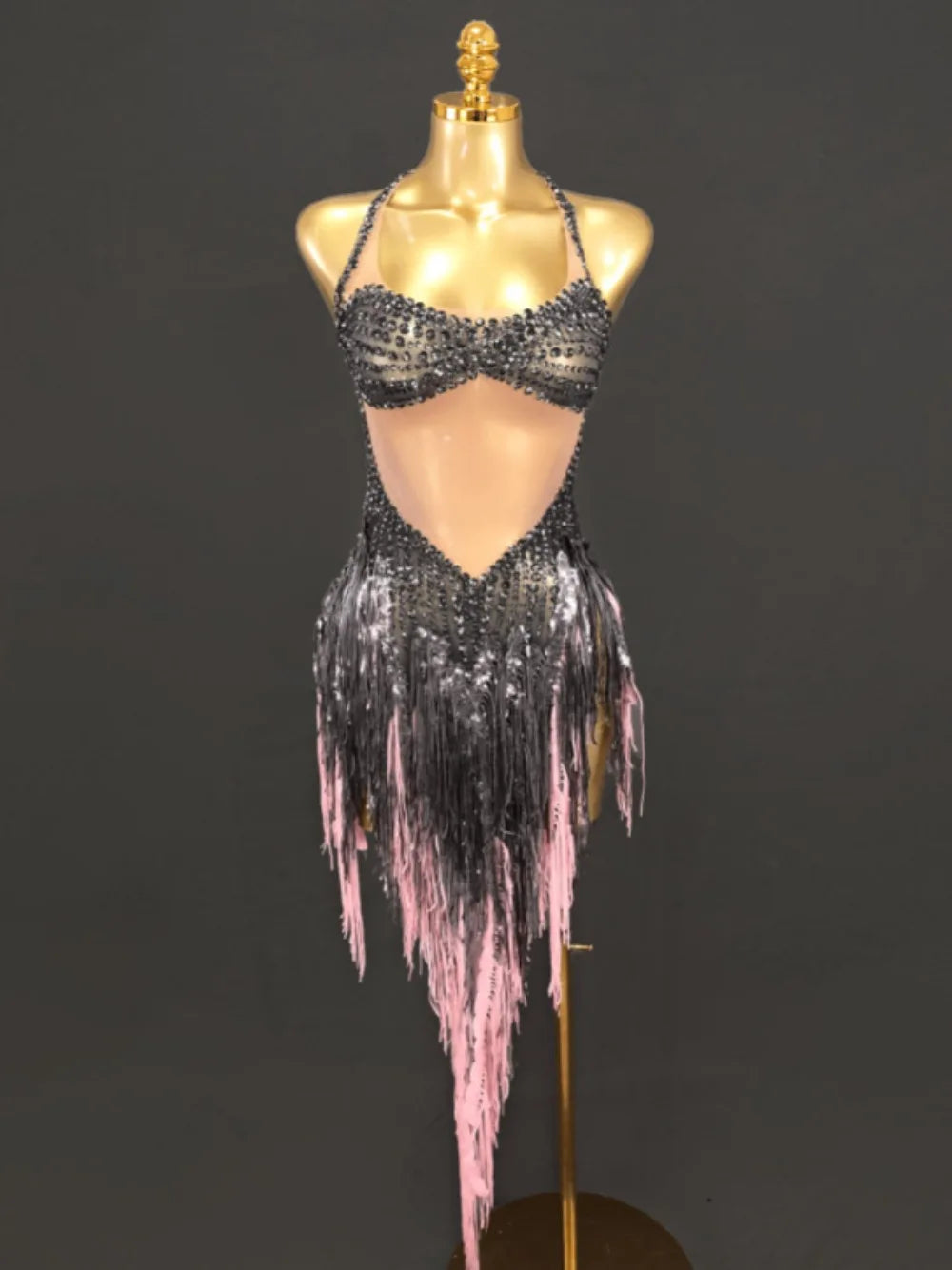 Black Tassel Rhinestone Dance Latin Dance Wear