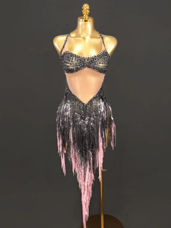 Black Tassel Rhinestone Dance Latin Dance Wear