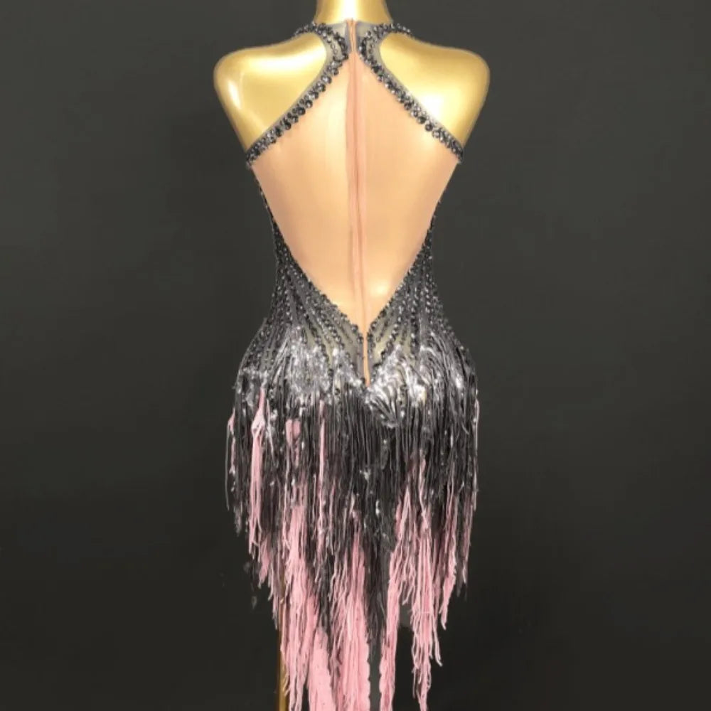 Black Tassel Rhinestone Dance Latin Dance Wear