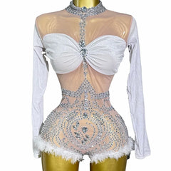 Elastic With Rhinestone And Feather Elegant Stage Performance Wear