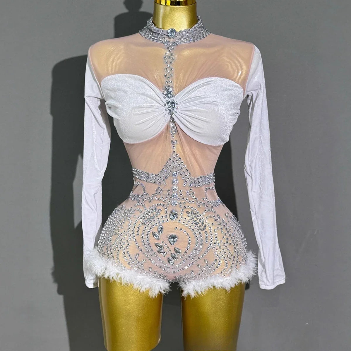 Elastic With Rhinestone And Feather Elegant Stage Performance Wear