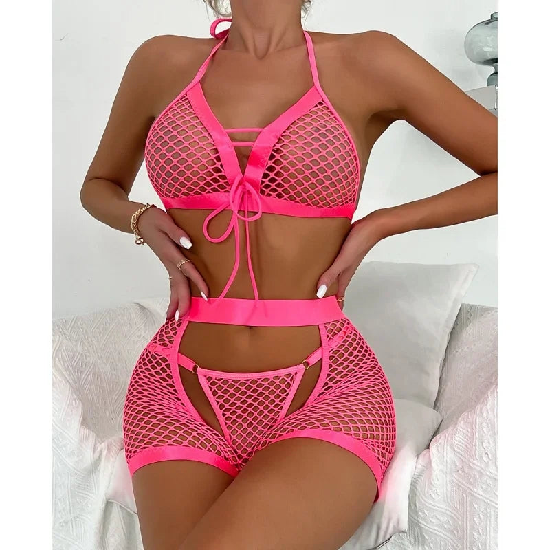 Lingerie Mesh See Through Soft Three Piece Suit Babydoll Nightwear Accessories